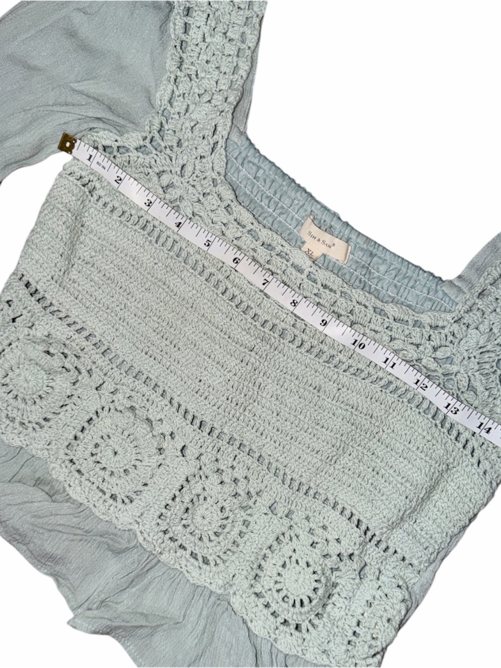 SIM & SAM Crochet Peasant Blouse in Light Blue Sage Color - Picture 5 of 8